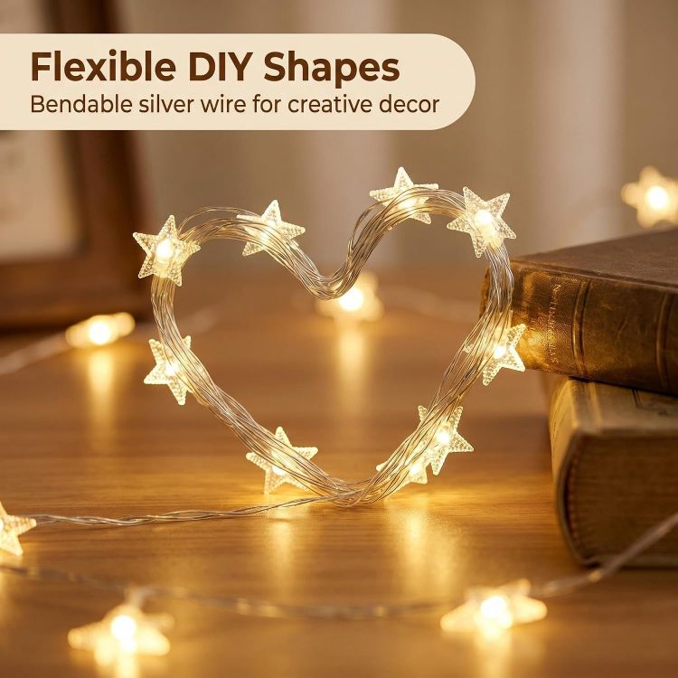 Picture of Star String Lights Battery Operated - 19 ft 60 LED Star Fairy String Lights with Timer, Waterproof for Indoor Bedroom Tent Loft Bed Patio Party Wedding Ramadan Decorations, Warm White