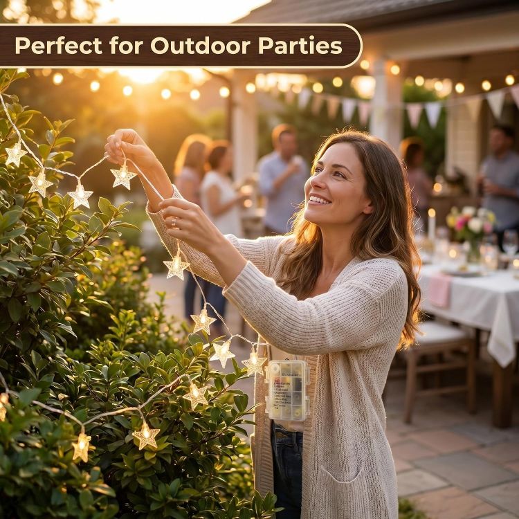 Picture of Star String Lights Battery Operated - 19 ft 60 LED Star Fairy String Lights with Timer, Waterproof for Indoor Bedroom Tent Loft Bed Patio Party Wedding Ramadan Decorations, Warm White
