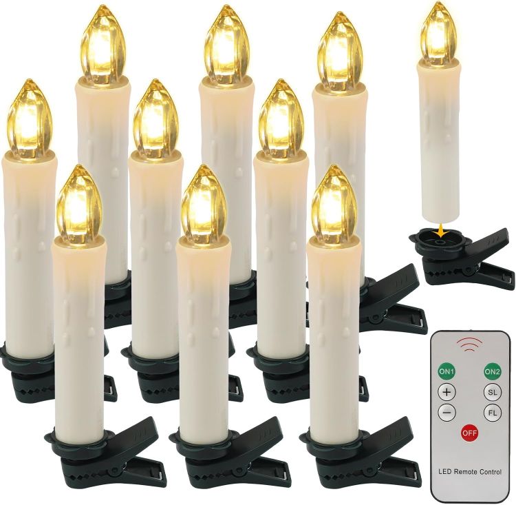 Picture of Christmas Tree Candles, 10pcs LED Flameless Flickering Battery Taper Candles with Removable Clips/Waterproof Rings for Home Party Indoor Outdoor Xmas Trees Decor