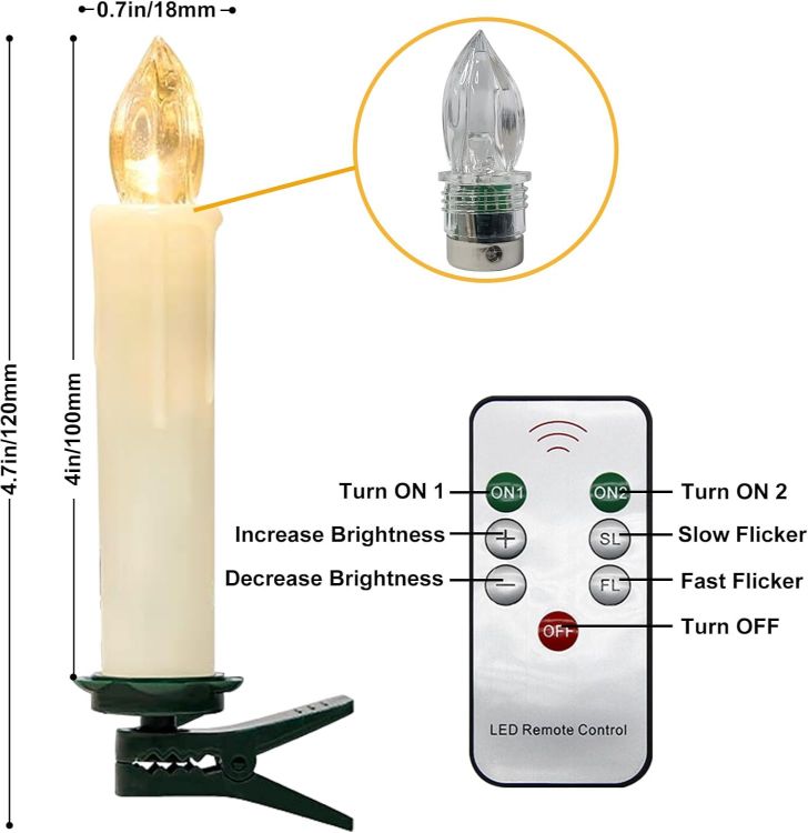 Picture of Christmas Tree Candles, 10pcs LED Flameless Flickering Battery Taper Candles with Removable Clips/Waterproof Rings for Home Party Indoor Outdoor Xmas Trees Decor