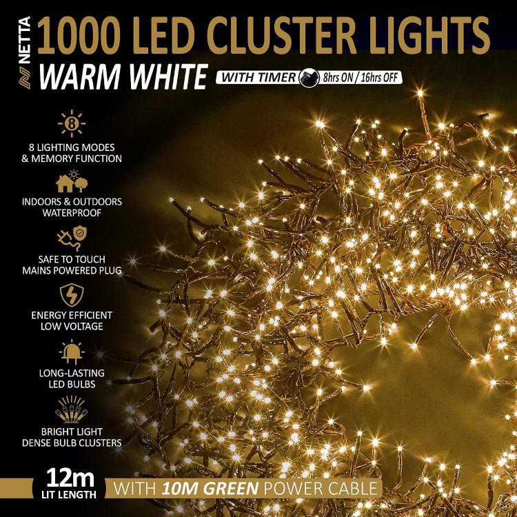Picture of Christmas Tree Cluster Lights 1000 LED, 12m Lit Length, Warm White Waterproof, Plug in, 8 Hours On Timer, 8 Light Modes, Indoor & Outdoor Use
