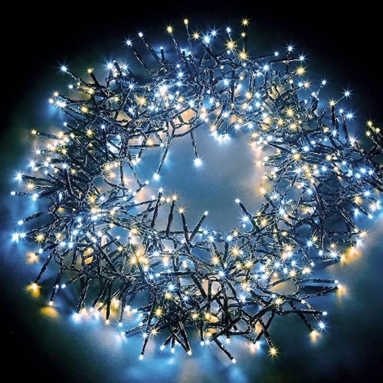 Picture of Christmas Tree Cluster Lights 1000 LED, 12m Lit Length, Warm White Waterproof, Plug in, 8 Hours On Timer, 8 Light Modes, Indoor & Outdoor Use
