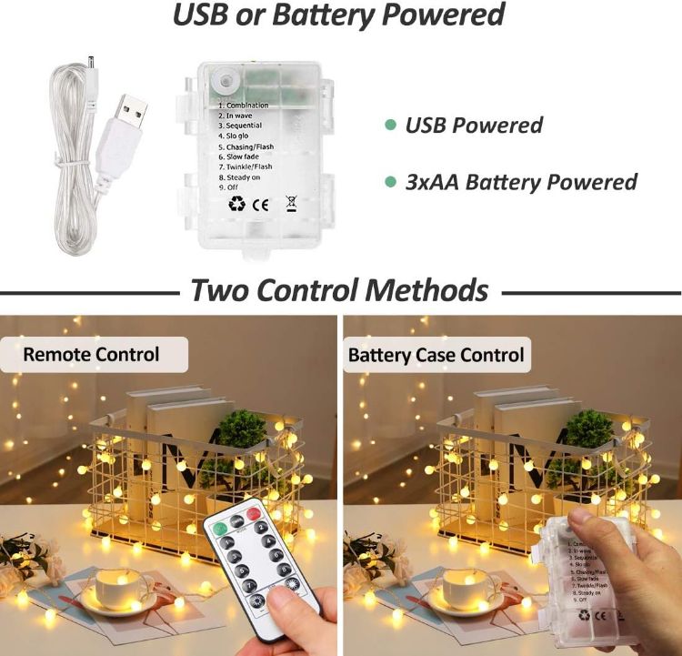 Picture of Globe Fairy Lights, 15M/49ft 100 LED Fairy String Lights with Remote - USB or Battery Powered - 8 Modes - Outdoor Indoor Globe String Lights for Christmas, Bedroom, Garden, Balcony 