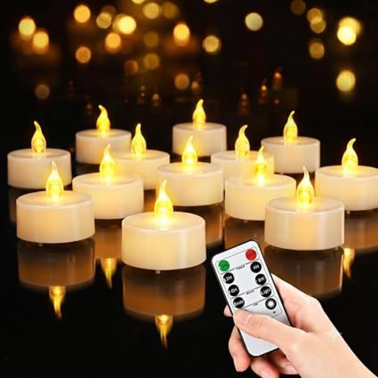 Picture of 12 Pack Flameless Candles with Remote Control & Timer [Energy Class A++] Safe Realistic Flickering Battery Operated LED Tea Lights for Home, Table, Halloween, Christmas, Wedding and Party Decoration