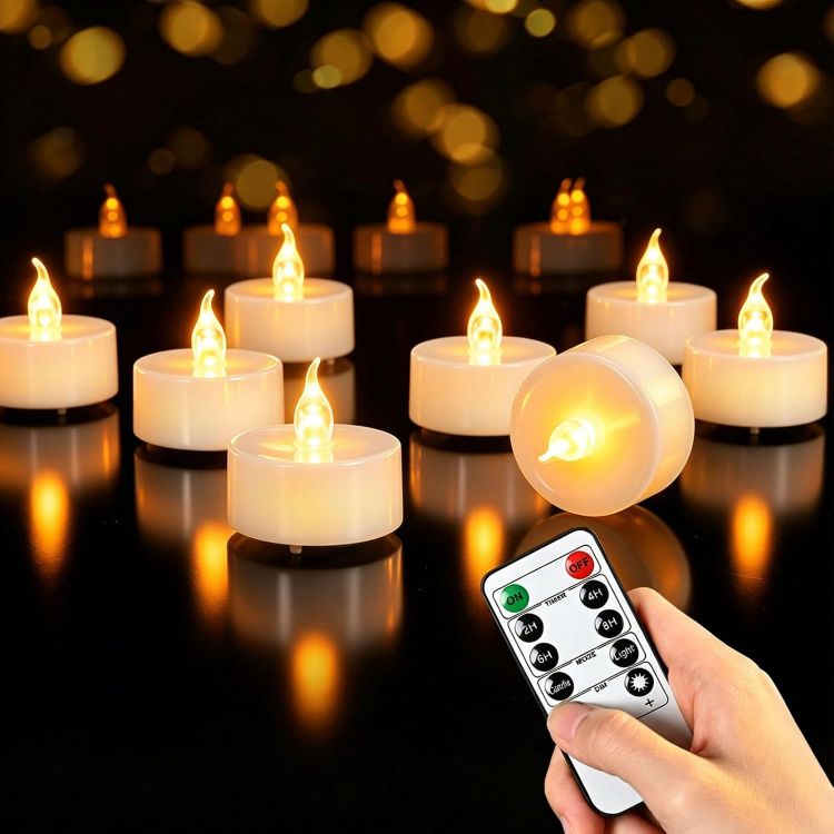 Picture of 12 Pack Flameless Candles with Remote Control & Timer [Energy Class A++] Safe Realistic Flickering Battery Operated LED Tea Lights for Home, Table, Halloween, Christmas, Wedding and Party Decoration