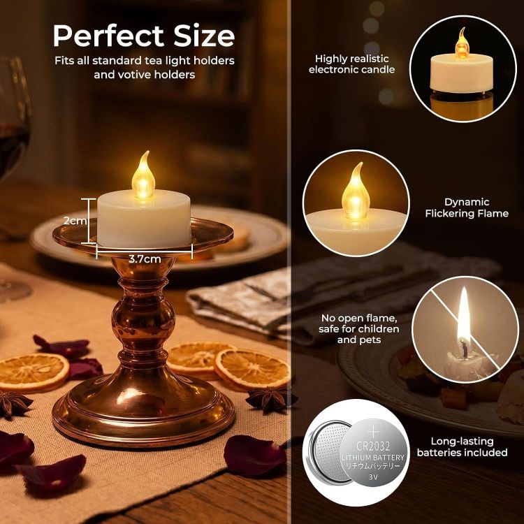Picture of 12 Pack Flameless Candles with Remote Control & Timer [Energy Class A++] Safe Realistic Flickering Battery Operated LED Tea Lights for Home, Table, Halloween, Christmas, Wedding and Party Decoration