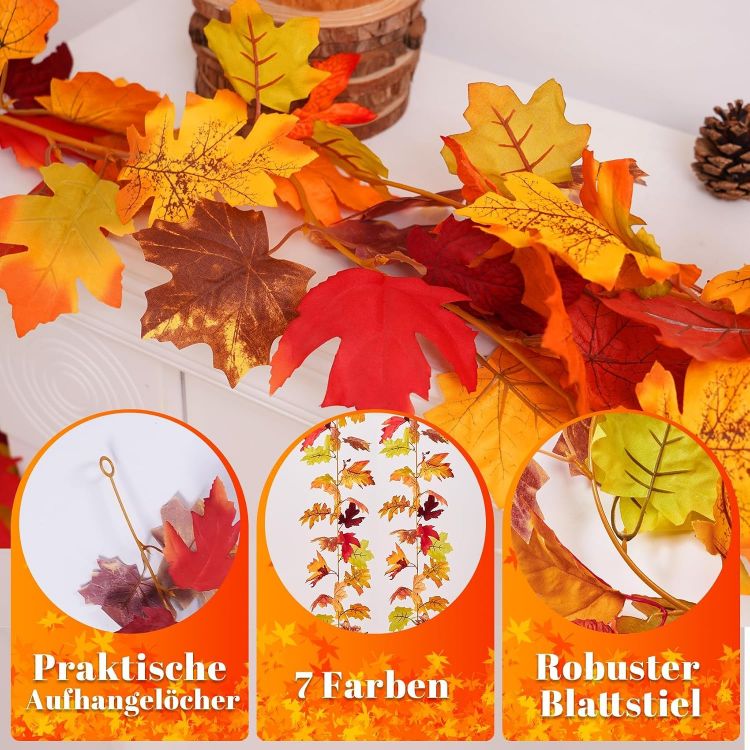 Picture of Pack of 2 Autumn Garland Maple Leaves - 176 cm/Piece Autumn Leaves Garland Autumn Garland for Indoor and Outdoor Use Wedding Thanksgiving Dinner Party Fireplace Christmas Decoration