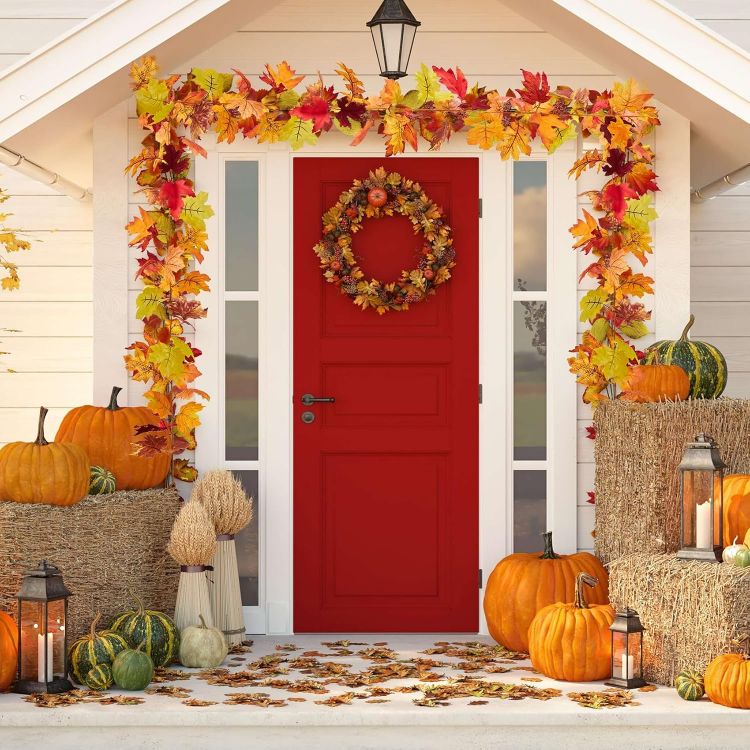 Picture of Pack of 2 Autumn Garland Maple Leaves - 176 cm/Piece Autumn Leaves Garland Autumn Garland for Indoor and Outdoor Use Wedding Thanksgiving Dinner Party Fireplace Christmas Decoration
