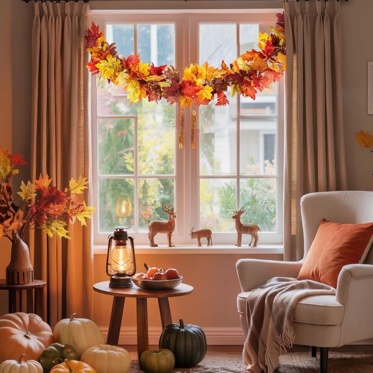 Picture of Pack of 2 Autumn Garland Maple Leaves - 176 cm/Piece Autumn Leaves Garland Autumn Garland for Indoor and Outdoor Use Wedding Thanksgiving Dinner Party Fireplace Christmas Decoration