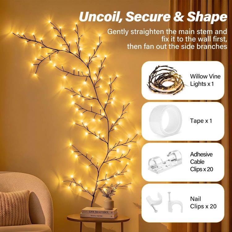 Picture of Vine Twig Fairy Lights Plug in, 2.3m 144 LED, Warm White Bendable Branches, Remote, Dimmable, 4/6/8H Timer & 8 Modes, for Wall Decoration for Bedroom, Living Room, Home & Christmas