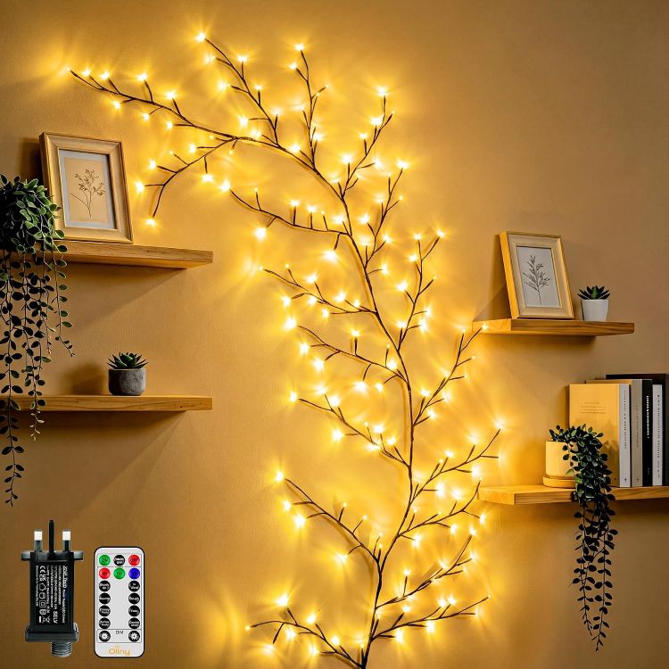 Picture of Vine Twig Fairy Lights Plug in, 2.3m 144 LED, Warm White Bendable Branches, Remote, Dimmable, 4/6/8H Timer & 8 Modes, for Wall Decoration for Bedroom, Living Room, Home & Christmas