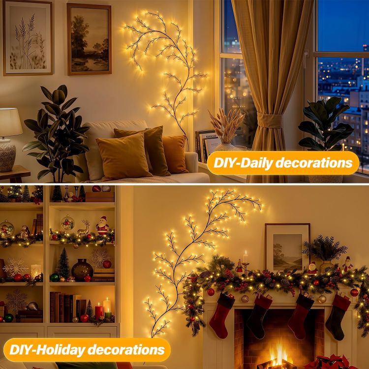 Picture of Vine Twig Fairy Lights Plug in, 2.3m 144 LED, Warm White Bendable Branches, Remote, Dimmable, 4/6/8H Timer & 8 Modes, for Wall Decoration for Bedroom, Living Room, Home & Christmas