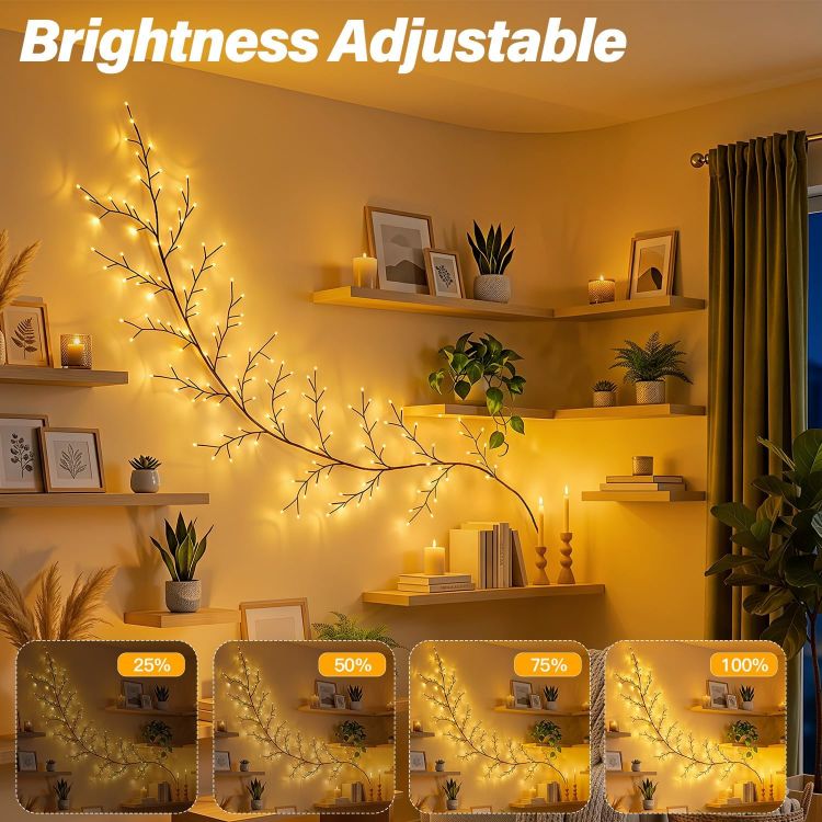 Picture of Vine Twig Fairy Lights Plug in, 2.3m 144 LED, Warm White Bendable Branches, Remote, Dimmable, 4/6/8H Timer & 8 Modes, for Wall Decoration for Bedroom, Living Room, Home & Christmas