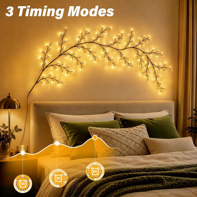 Picture of Vine Twig Fairy Lights Plug in, 2.3m 144 LED, Warm White Bendable Branches, Remote, Dimmable, 4/6/8H Timer & 8 Modes, for Wall Decoration for Bedroom, Living Room, Home & Christmas