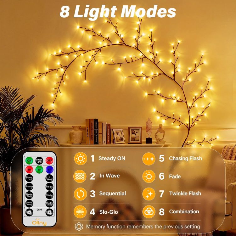 Picture of Vine Twig Fairy Lights Plug in, 2.3m 144 LED, Warm White Bendable Branches, Remote, Dimmable, 4/6/8H Timer & 8 Modes, for Wall Decoration for Bedroom, Living Room, Home & Christmas