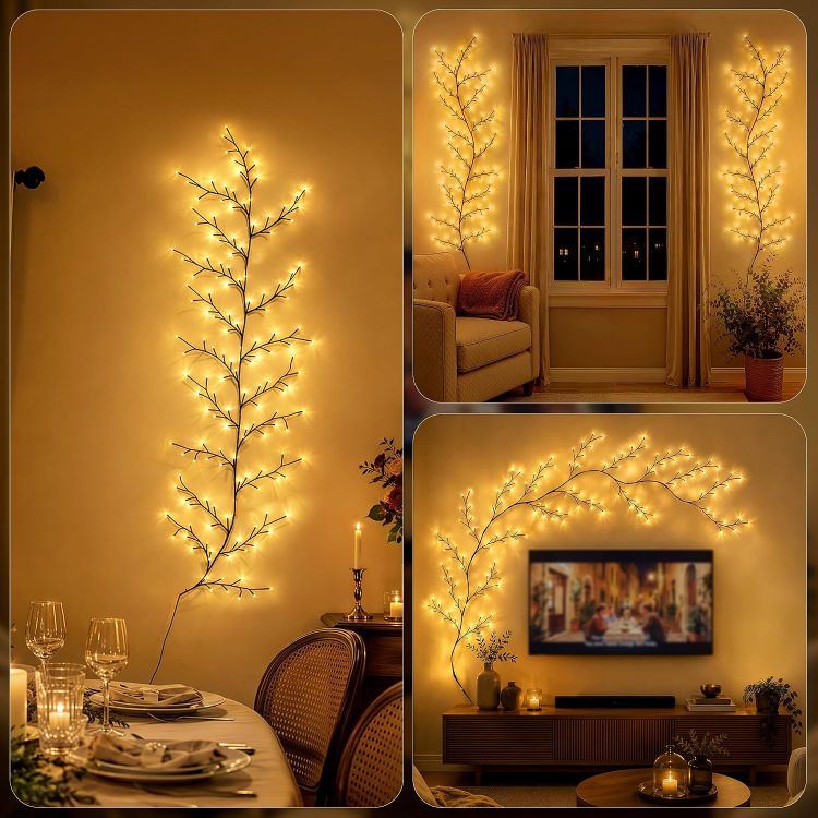 Picture of Vine Twig Fairy Lights Plug in, 2.3m 144 LED, Warm White Bendable Branches, Remote, Dimmable, 4/6/8H Timer & 8 Modes, for Wall Decoration for Bedroom, Living Room, Home & Christmas