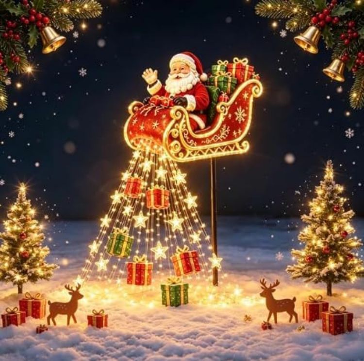 Picture of Christmas Decorations, Snowman Magic Fountain Flowing Snowflake Outdoor Christmas Lights with Cascading Stars Light for Garden Porch