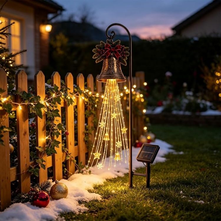Picture of Christmas Decorations, Snowman Magic Fountain Flowing Snowflake Outdoor Christmas Lights with Cascading Stars Light for Garden Porch