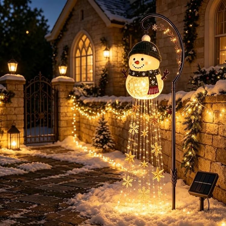 Picture of Christmas Decorations, Snowman Magic Fountain Flowing Snowflake Outdoor Christmas Lights with Cascading Stars Light for Garden Porch