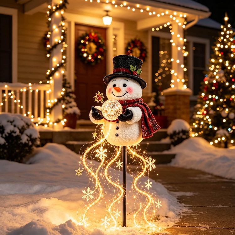 Picture of Christmas Decorations, Snowman Magic Fountain Flowing Snowflake Outdoor Christmas Lights with Cascading Stars Light for Garden Porch