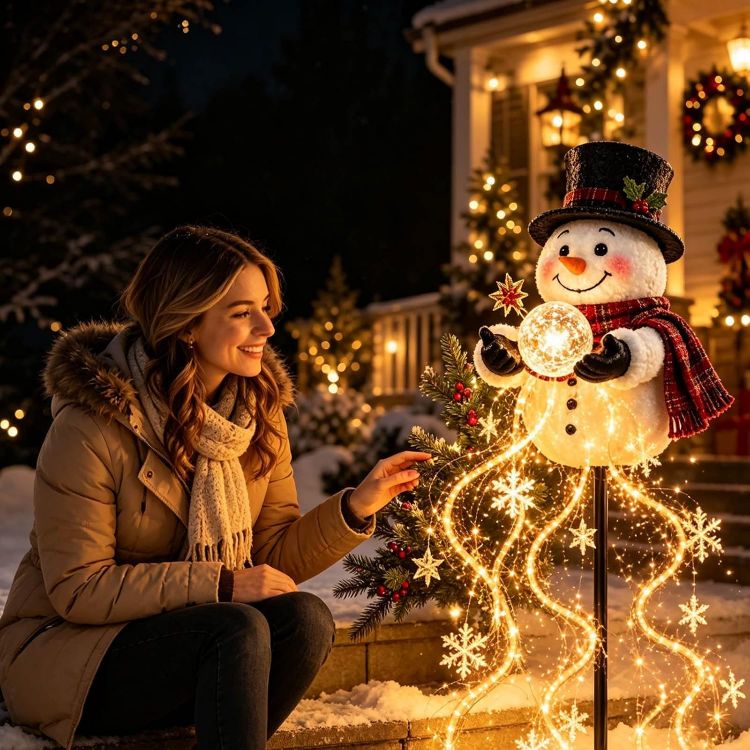 Picture of Christmas Decorations, Snowman Magic Fountain Flowing Snowflake Outdoor Christmas Lights with Cascading Stars Light for Garden Porch