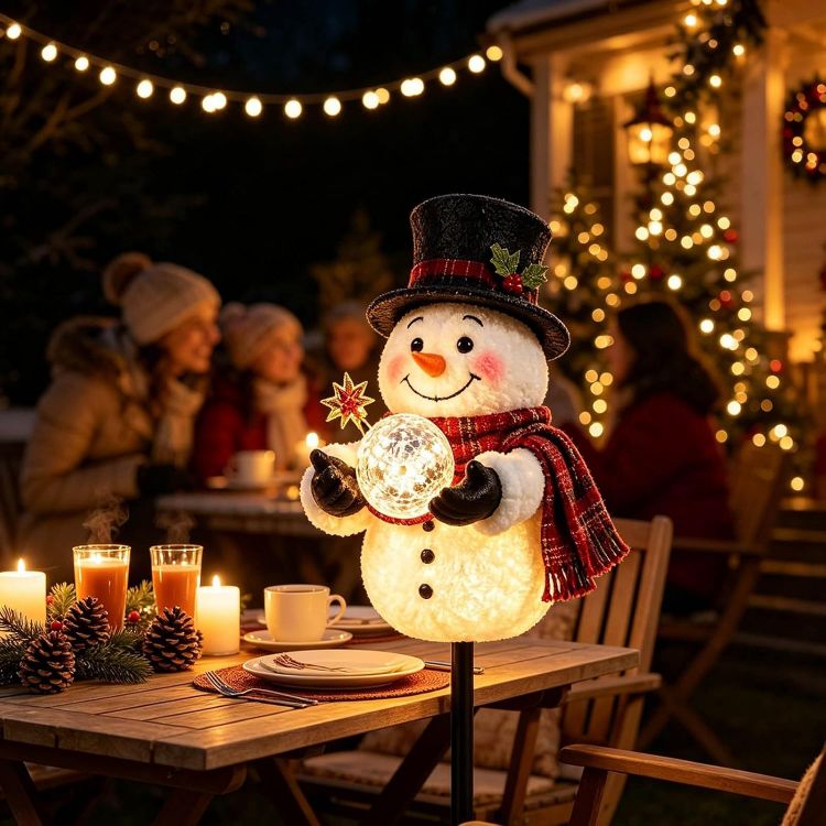 Picture of Christmas Decorations, Snowman Magic Fountain Flowing Snowflake Outdoor Christmas Lights with Cascading Stars Light for Garden Porch