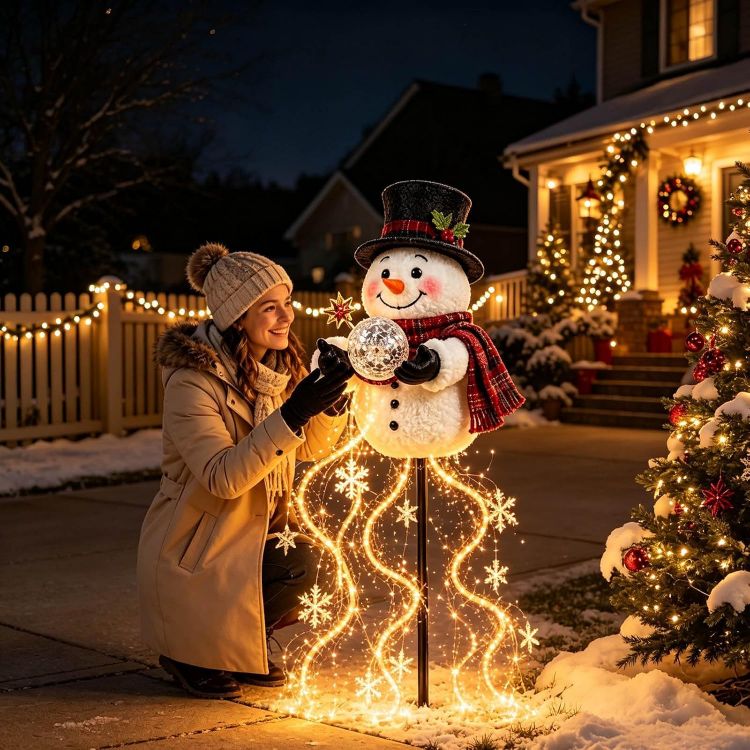 Picture of Christmas Decorations, Snowman Magic Fountain Flowing Snowflake Outdoor Christmas Lights with Cascading Stars Light for Garden Porch