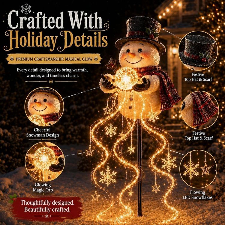 Picture of Christmas Decorations, Snowman Magic Fountain Flowing Snowflake Outdoor Christmas Lights with Cascading Stars Light for Garden Porch