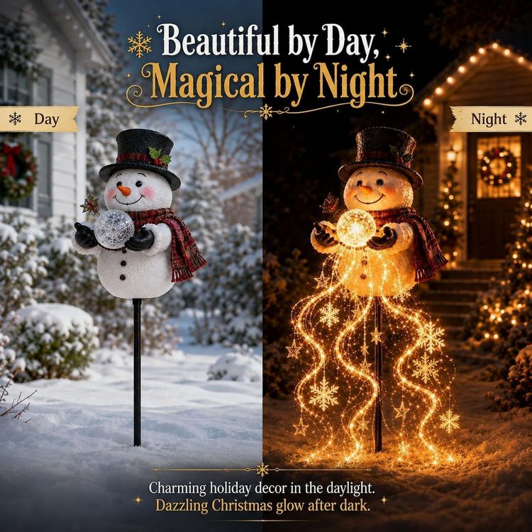 Picture of Christmas Decorations, Snowman Magic Fountain Flowing Snowflake Outdoor Christmas Lights with Cascading Stars Light for Garden Porch