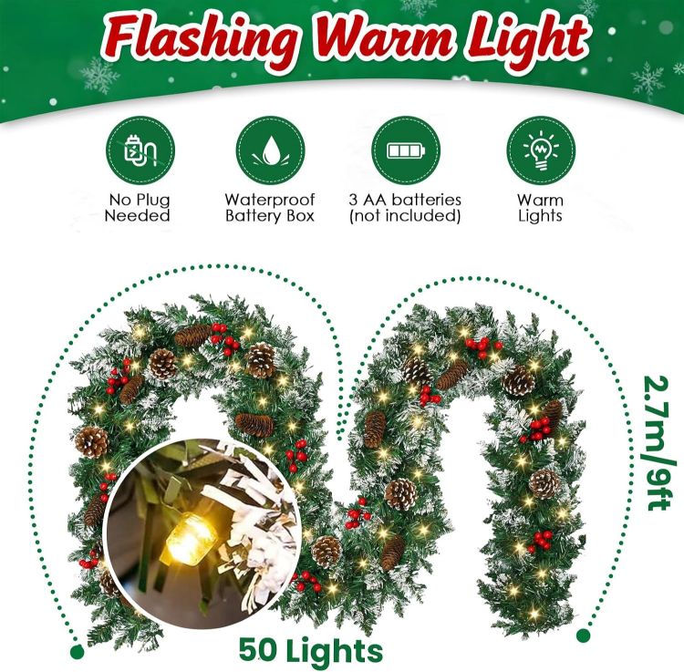Picture of 9ft/2.7m Christmas Garland, Christmas Garland with Warm Lighting 50 LED Lights, Artificial Christmas Decoration Garland for Fireplace Stairs Artificial Wreath, Front Door Holiday Decor