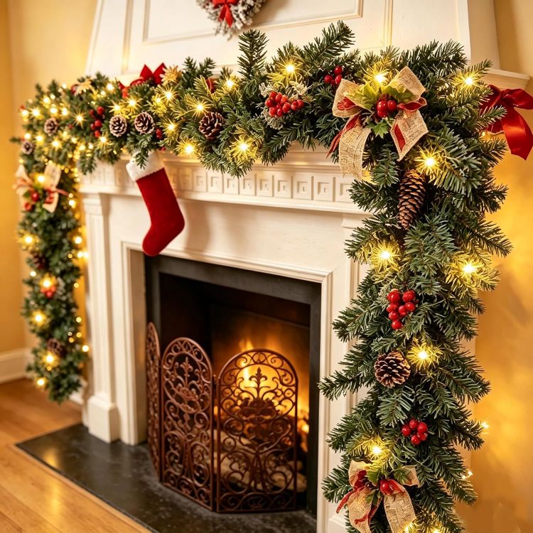 Picture of 9ft/2.7m Christmas Garland, Christmas Garland with Warm Lighting 50 LED Lights, Artificial Christmas Decoration Garland for Fireplace Stairs Artificial Wreath, Front Door Holiday Decor