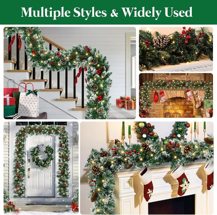 Picture of 9ft/2.7m Christmas Garland, Christmas Garland with Warm Lighting 50 LED Lights, Artificial Christmas Decoration Garland for Fireplace Stairs Artificial Wreath, Front Door Holiday Decor