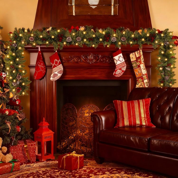 Picture of 9ft/2.7m Christmas Garland, Christmas Garland with Warm Lighting 50 LED Lights, Artificial Christmas Decoration Garland for Fireplace Stairs Artificial Wreath, Front Door Holiday Decor