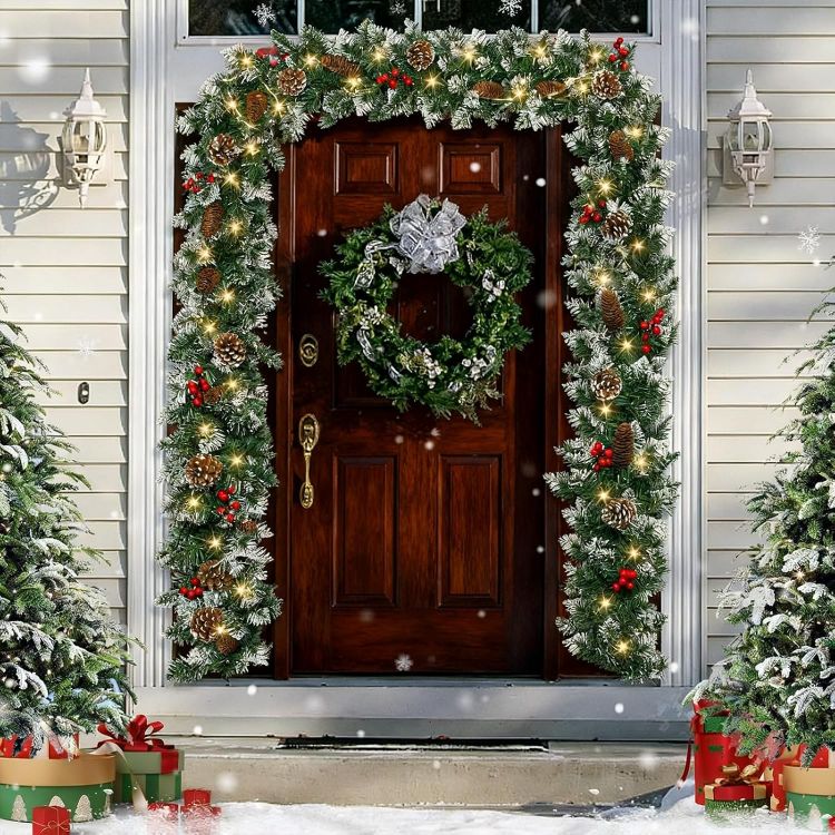 Picture of 9ft/2.7m Christmas Garland, Christmas Garland with Warm Lighting 50 LED Lights, Artificial Christmas Decoration Garland for Fireplace Stairs Artificial Wreath, Front Door Holiday Decor