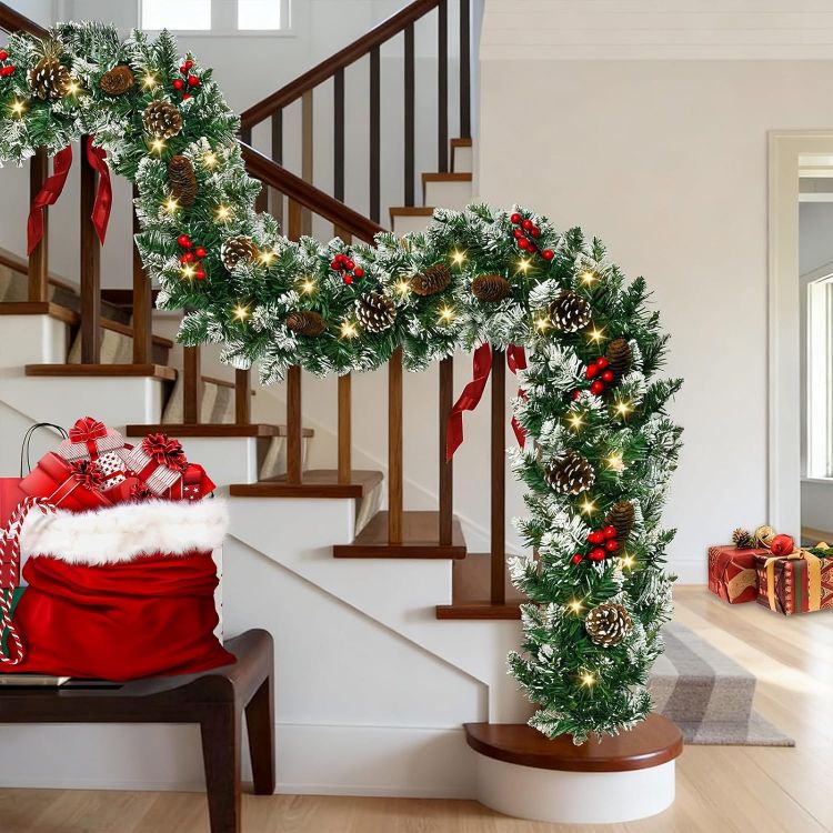 Picture of 9ft/2.7m Christmas Garland, Christmas Garland with Warm Lighting 50 LED Lights, Artificial Christmas Decoration Garland for Fireplace Stairs Artificial Wreath, Front Door Holiday Decor