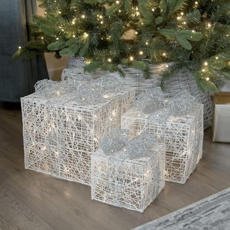 Picture of The Christmas Workshop Set of 3 Light-Up Christmas Boxes With Red Bow/Indoor Christmas Decorations / 65 Warm White LED Lights/Battery Operated/Timer Functionality