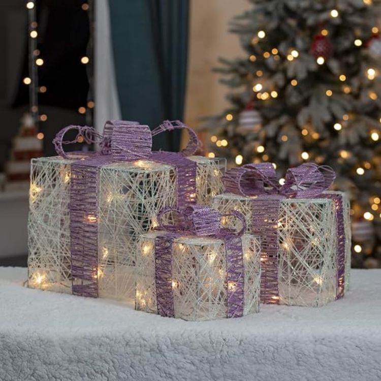Picture of The Christmas Workshop Set of 3 Light-Up Christmas Boxes With Red Bow/Indoor Christmas Decorations / 65 Warm White LED Lights/Battery Operated/Timer Functionality