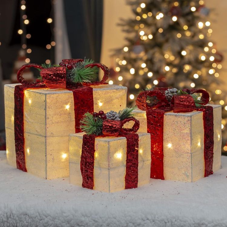 Picture of The Christmas Workshop Set of 3 Light-Up Christmas Boxes With Red Bow/Indoor Christmas Decorations / 65 Warm White LED Lights/Battery Operated/Timer Functionality