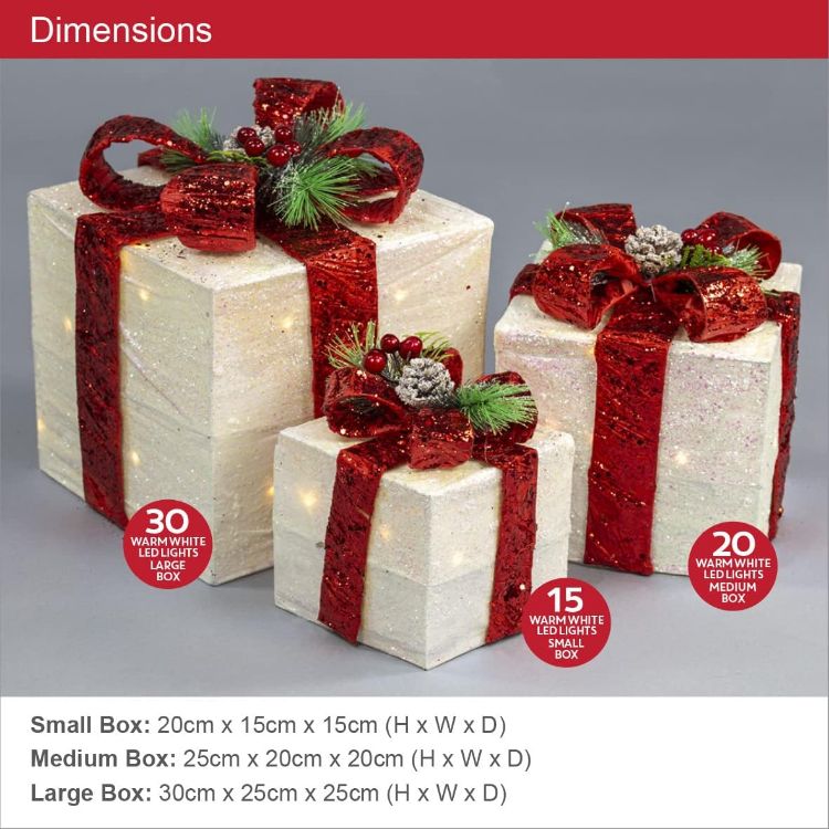 Picture of The Christmas Workshop Set of 3 Light-Up Christmas Boxes With Red Bow/Indoor Christmas Decorations / 65 Warm White LED Lights/Battery Operated/Timer Functionality