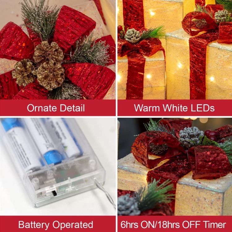 Picture of The Christmas Workshop Set of 3 Light-Up Christmas Boxes With Red Bow/Indoor Christmas Decorations / 65 Warm White LED Lights/Battery Operated/Timer Functionality