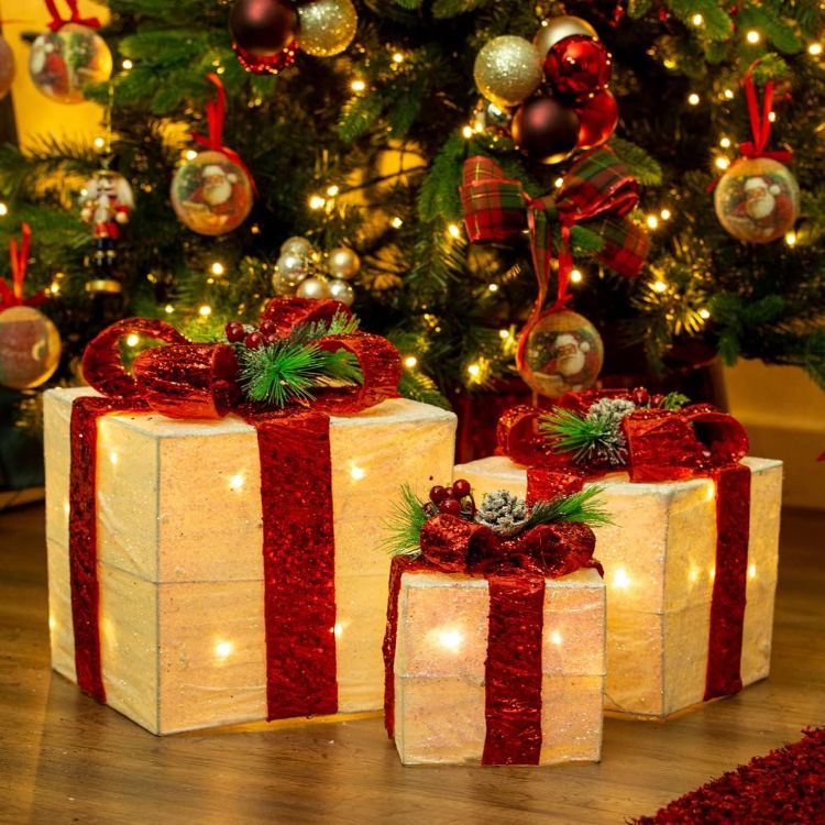 Picture of The Christmas Workshop Set of 3 Light-Up Christmas Boxes With Red Bow/Indoor Christmas Decorations / 65 Warm White LED Lights/Battery Operated/Timer Functionality