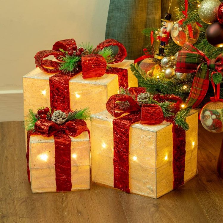 Picture of The Christmas Workshop Set of 3 Light-Up Christmas Boxes With Red Bow/Indoor Christmas Decorations / 65 Warm White LED Lights/Battery Operated/Timer Functionality