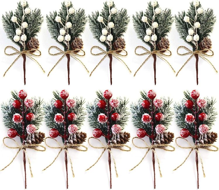 Picture of 10pcs Christmas Artificial Red and White Berries Stems, Berries Picks Berry Branches Xmas Wreath Crafts Wedding Winter Home Decoration