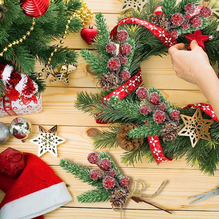 Picture of 10pcs Christmas Artificial Red and White Berries Stems, Berries Picks Berry Branches Xmas Wreath Crafts Wedding Winter Home Decoration
