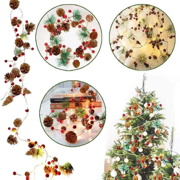 Picture of Christmas Garland 6.6FT Pinecones Christmas String Lights with Red Berries, Bells & Needles, 20 LED Battery Operated Prelit Garland for Christmas Decorations Indoor/Outdoor
