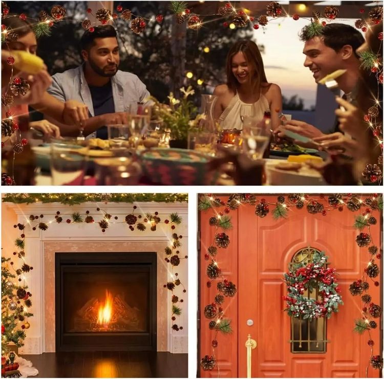 Picture of Christmas Garland 6.6FT Pinecones Christmas String Lights with Red Berries, Bells & Needles, 20 LED Battery Operated Prelit Garland for Christmas Decorations Indoor/Outdoor