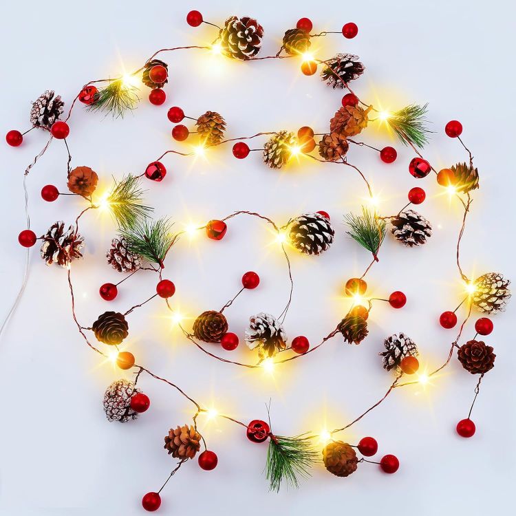 Picture of Christmas Garland 6.6FT Pinecones Christmas String Lights with Red Berries, Bells & Needles, 20 LED Battery Operated Prelit Garland for Christmas Decorations Indoor/Outdoor