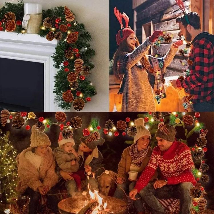 Picture of Christmas Garland 6.6FT Pinecones Christmas String Lights with Red Berries, Bells & Needles, 20 LED Battery Operated Prelit Garland for Christmas Decorations Indoor/Outdoor
