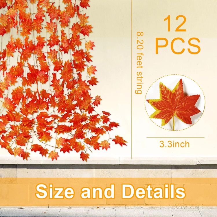 Picture of 12 Pcs Autumn Artificial Maple Leaves Garland, Autumn Decorations Autumn Thanksgiving Garland Decor, Fake Fall Leaves Garland Decorations for Thanksgiving Christmas Harvest Festival