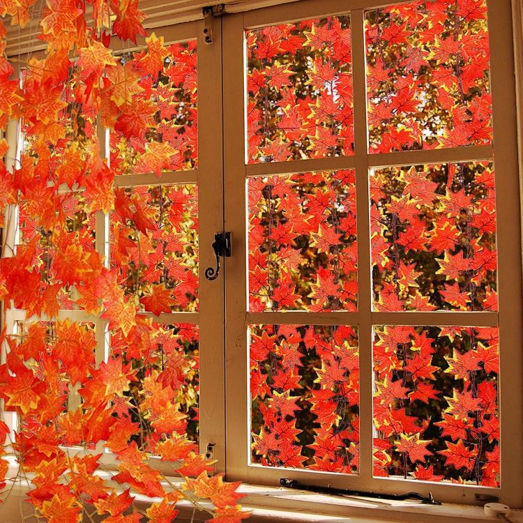 Picture of 12 Pcs Autumn Artificial Maple Leaves Garland, Autumn Decorations Autumn Thanksgiving Garland Decor, Fake Fall Leaves Garland Decorations for Thanksgiving Christmas Harvest Festival